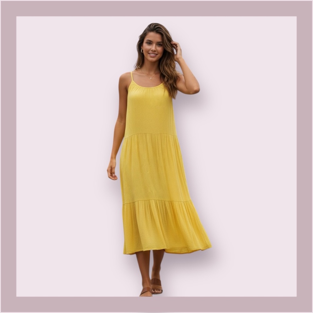 Glamour Yellow Tiered Summer Midi Dress